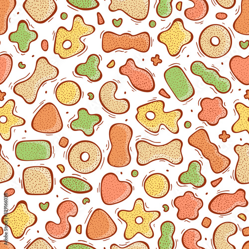 Pet Shop Vector background. Dry Pet Food Seamless pattern. Hand drawn doodle Cat food or Dog Food