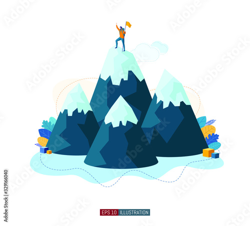 Trendy flat illustration. Winner man on mountain peak. Victory symbol. Competition. Goal achievement. Template for your design works. Vector graphics.