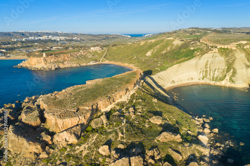 Aerial view of nature landscape of Ghajn Tuffieha bay.Malta island