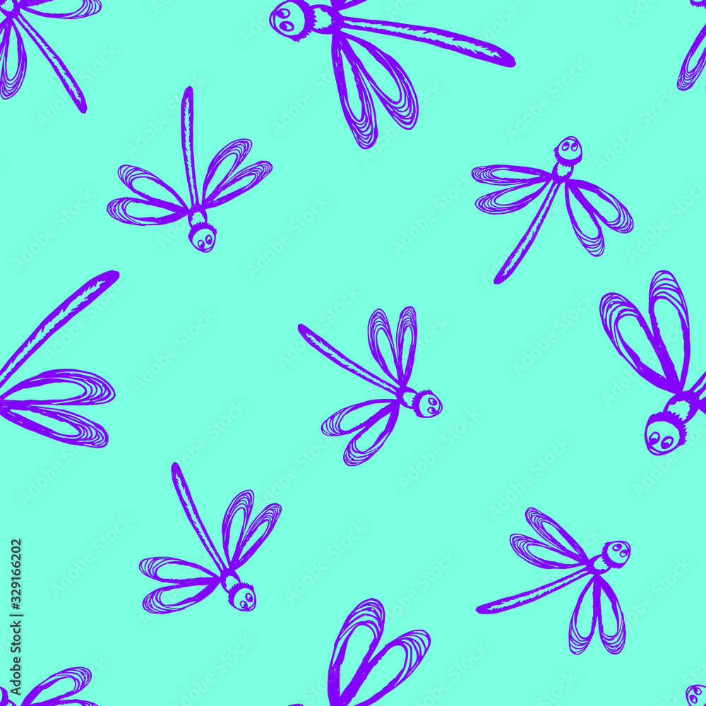  Vector illustration. Bright seamless pattern in the form of dragonfly insects.