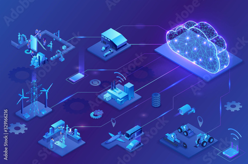 Industrial internet of things  infographic illustration, blue neon concept with factory, electric power station, cloud 3d isometric icon, smart transport system, mining machines, data protection
