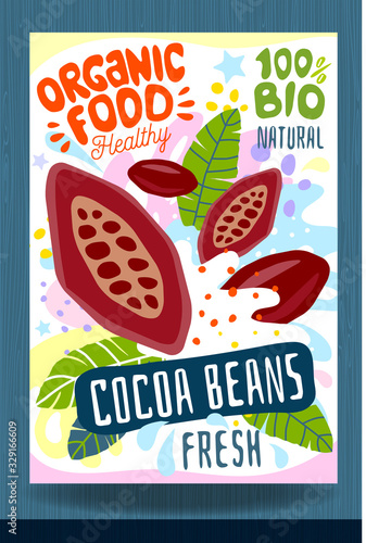 Abstract splash Food label template. Colorful brush stroke. Nuts, vegetables, herbs, spices, package design. Cocoa beans. Organic fresh.
