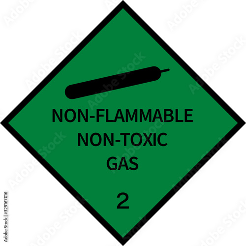 Dangerous goods placards class 2. Non-flammable gas sign. Green on black.