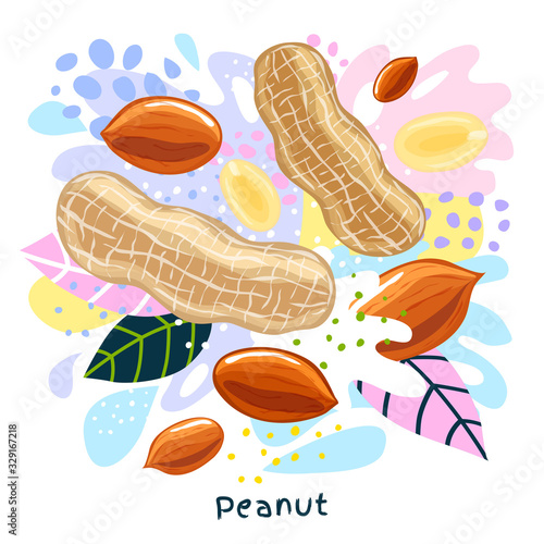 Fresh peanut juice splash organic food condiment spice splatter. Spicy herbs nuts. Abstract colorful art splatter splash background.