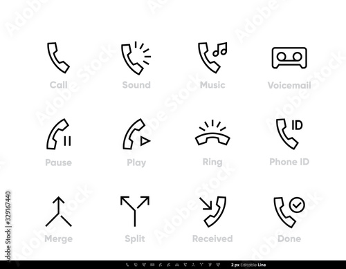 Phone Related icons. Voicemail, Ring, Received Call. Vector line editable stroke set