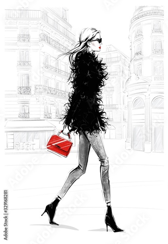 Photography Hand drawn beautiful young woman with bag