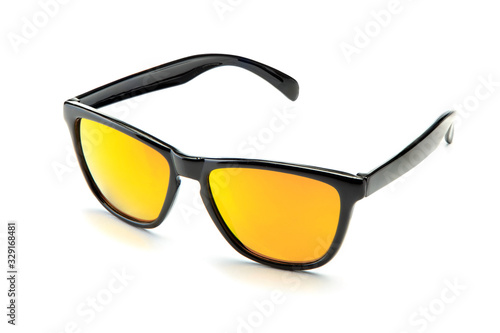 Classic black sunglasses with orange mirror lenses