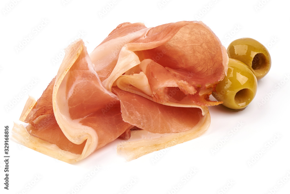 Italian prosciutto crudo or spanish jamon. Dried ham, isolated on white background Italian prosciutto crudo or spanish jamon. Dried ham, isolated on white background