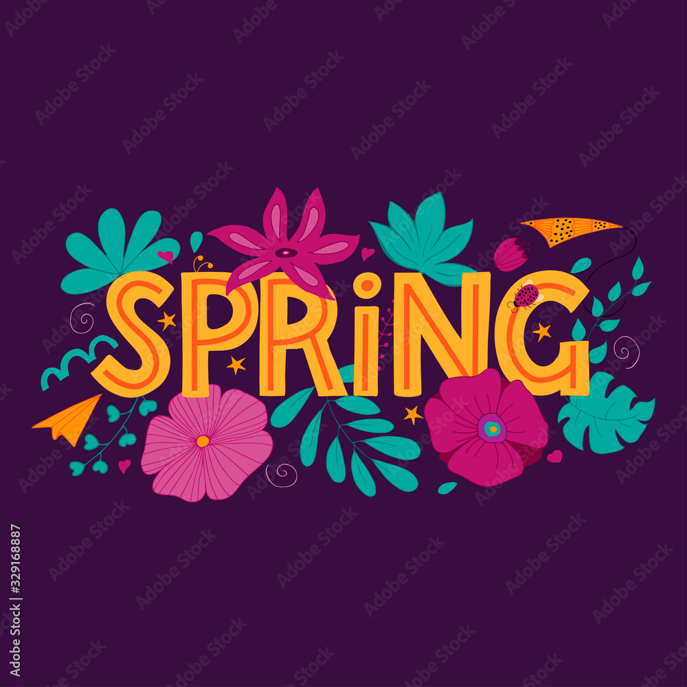 Orange lettering spring and flower with leaf on dark purple background, lettering text, vector stock illustration
