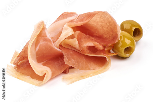 Italian prosciutto crudo or spanish jamon. Dried ham, isolated on white background