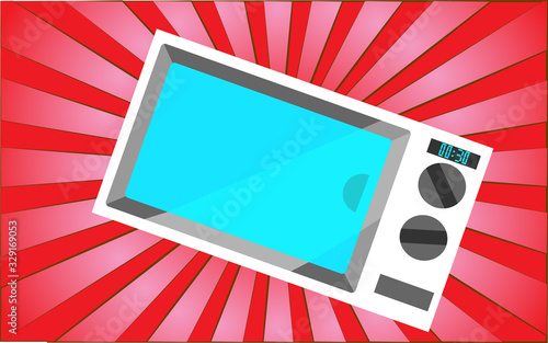 Kitchen white microwave on a background of abstract red rays. Vector illustration