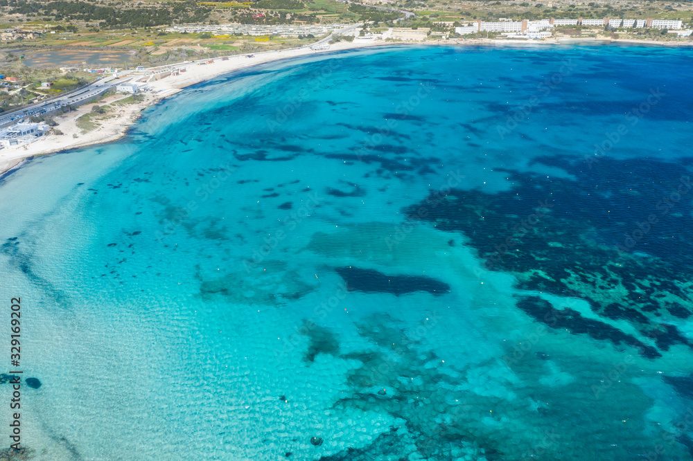 Aerial view of the famous Mellieha Bay  in Malta island