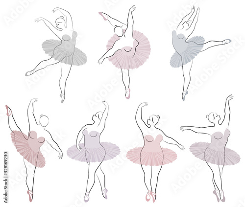 Collection. Silhouette of a cute lady, she is dancing ballet. Woman is overweight. The girl is plump and slim. Woman is ballerina, gymnast. Vector illustration set