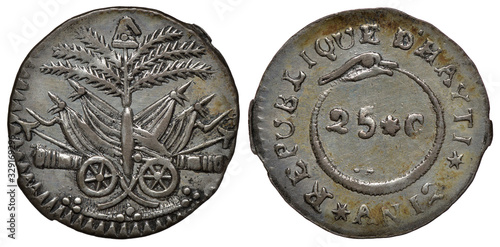 Haiti Haitian silver coin 25 twenty five centimes 1815, arms, palm tree in front of crossed flags flanked by cannons, denomination within snake biting its tail,  photo