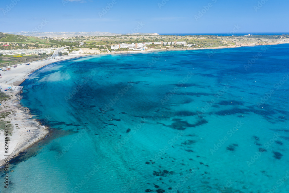 Aerial view of the famous Mellieha Bay  in Malta island