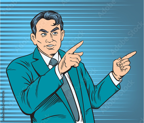 Senior business people are looking and pointing fingers in both hands. Pop art retro illustration comic Style Vector, Separate images of people from the background.