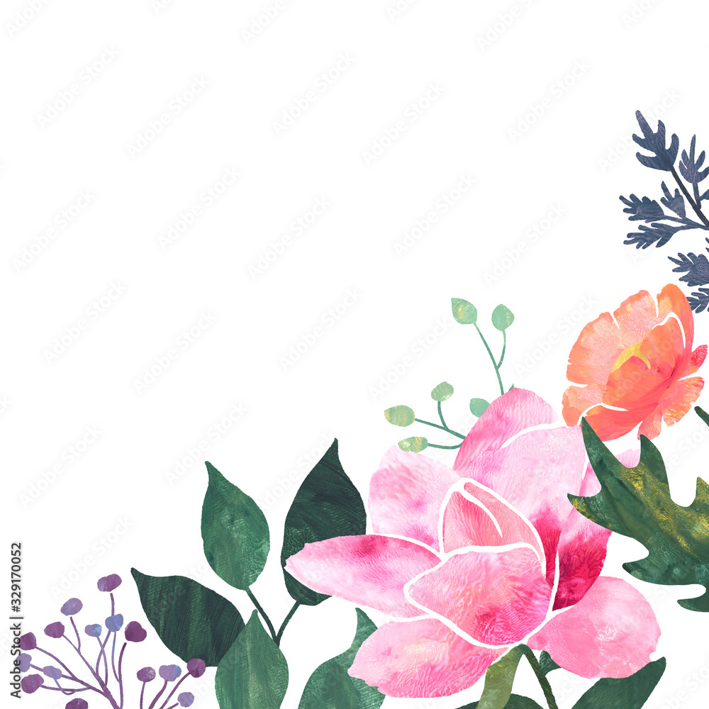 Naklejka premium Acrylic paint frame from flowers. Abstract rough monotype technique.