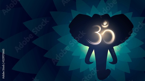 Elephant head silhouette on fractal background and glowing sign Om, Hinduism, Buddhism