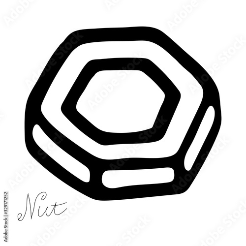 Hand-draw black vector illustration of metallic locksmith tool isolated on a white background with lettering nut