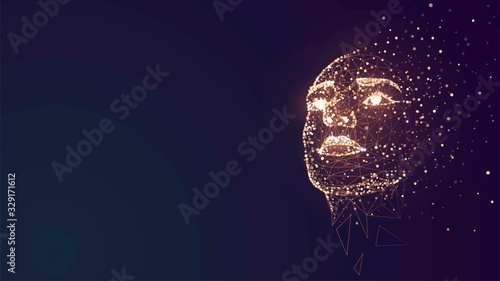 Fotografia Human face on a dark background of gold glowing particles and structure