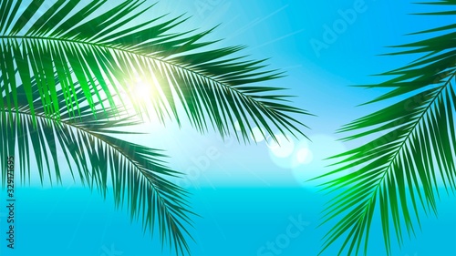Background with palm leaves and the bright sun on the background of the sea, vacation on the tropical islands