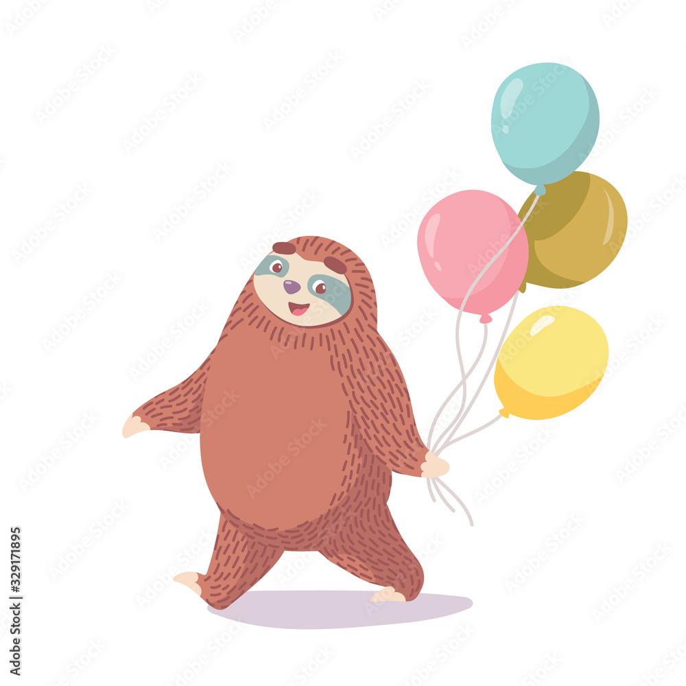 cute cartoon sloth with colorful balloons. birthday card design. children's illustration