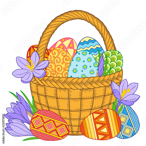 Happy Easter. Bright easter eggs and flowers in basket on white background