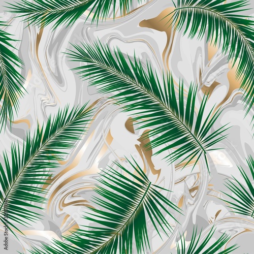 Seamless marble background with palm branches with golden spots