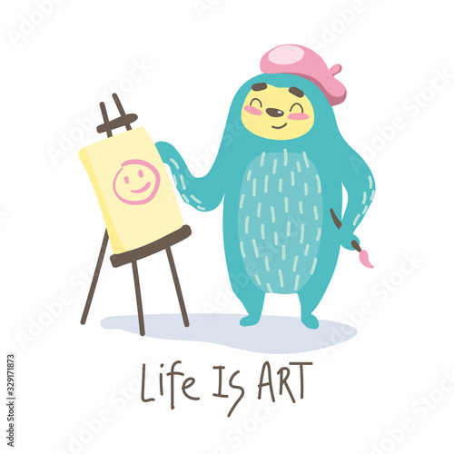 cute cartoon sloth painting a picture. cartoon animal vector illustration.unique hand drawn  quote - life is art. vector illustration 