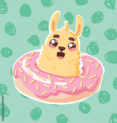 cute cartoon lama alpaca with kawaii face in glazed donut background with polka dot pattern vector illustration. 