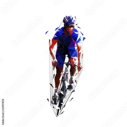 Cycling, low polygonal road cyclist, isolated vector illustration