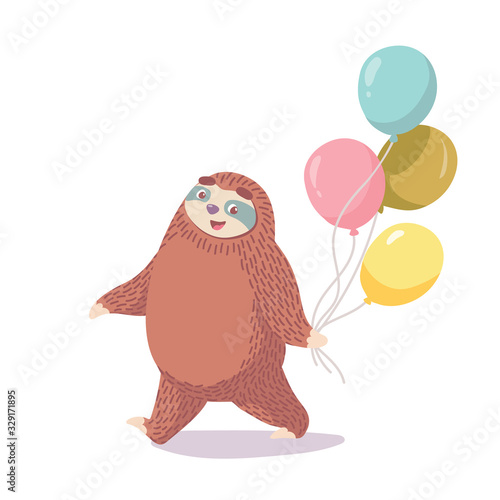 cute cartoon sloth with colorful balloons. birthday card design. children s illustration