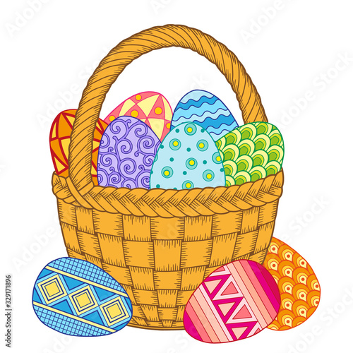 Happy Easter. Bright easter eggs and flowers in basket on white background