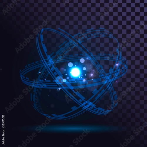 Blue glowing atom on a transparent background, technological futuristic element