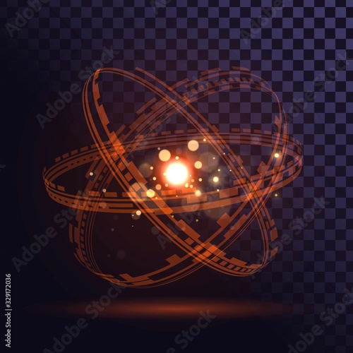 Orange glowing atom on a transparent background, technological futuristic element