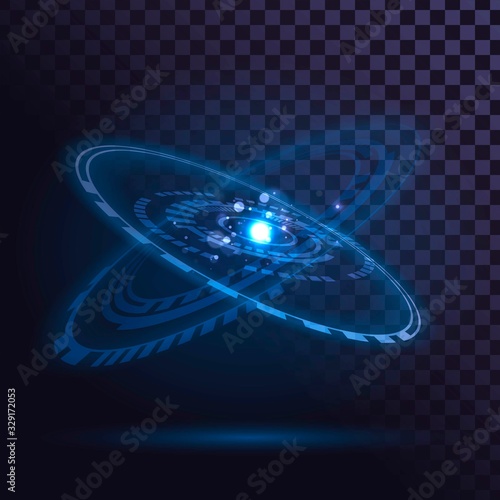 Blue glowing solar system on a transparent background, technological futuristic element