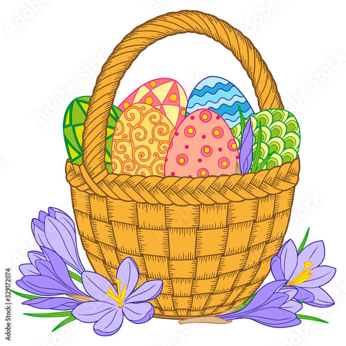 Happy Easter. Bright easter eggs and flowers in basket on white background