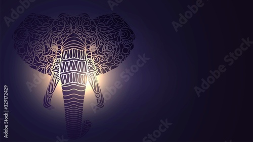 Background with a silhouette of a stylized elephant head and bright light, a symbol of Hinduism