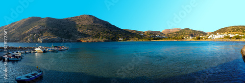 superb panoramic view of the small fishing port of Galissas, on Syros, famous Cyclades island, in the heart of the Aegean Sea
