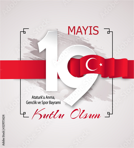 Square poster for May 19, Turkish holiday of The Commemoration of Ataturk. Red ribbon of the flag stretched across big date number. Translation: Happy youth and Sports Day. Vector illustration