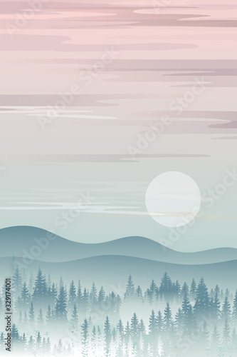 Vertical mountain landscape with silhouettes of misty pine trees in forest with sunrise, Peaceful panoramic natural in minimalist style, Natural background concept