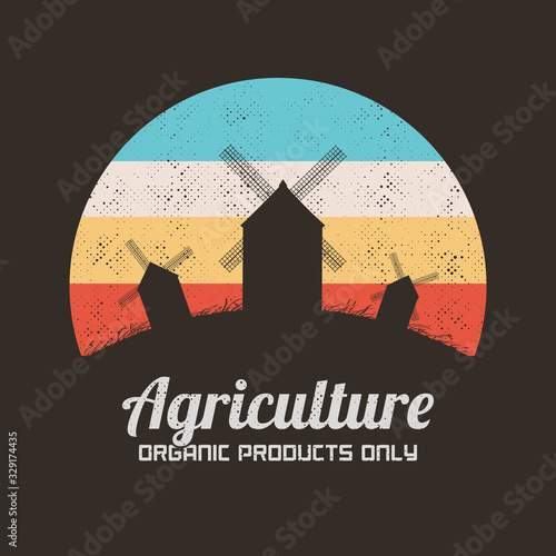 Windmills in field. Retro illustration with silhouettes of mills on hill. Rural landscape. Vector background for prints, t-shirts