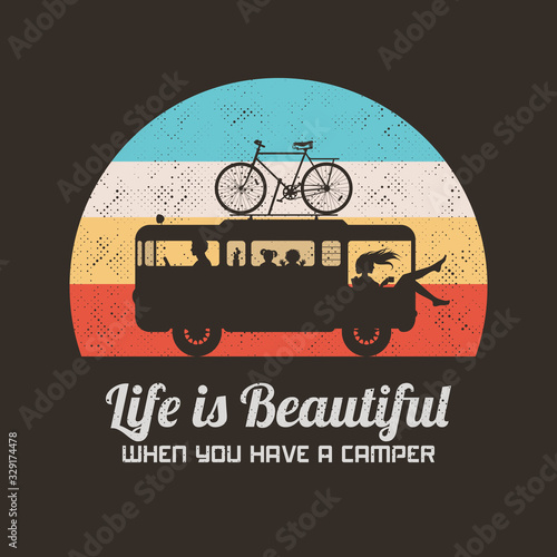 Car on road. People in camper. Family road trip. Retro background