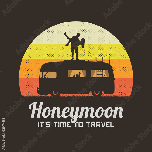 Guy carry girl on roof of retro car. Retro illustration with silhouette of happy lovers in road trip. Romantic vector background for prints, t-shirts