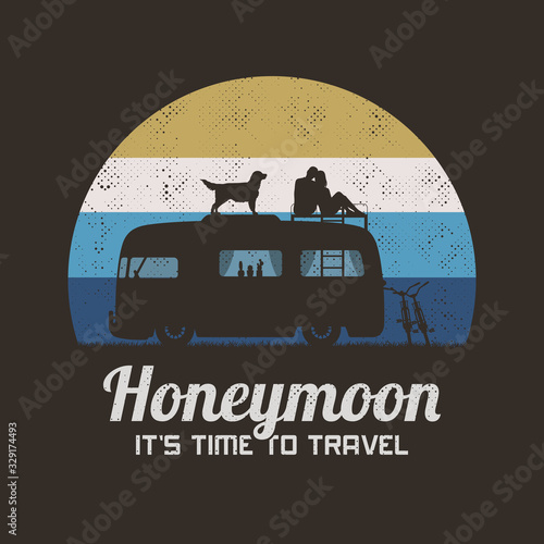 Lovers and dog on roof of retro car. Retro illustration with silhouette of loving couple in road trip. Romantic vector background for prints, t-shirts
