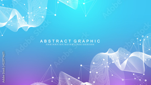 Geometric abstract background with connected lines and dots. Wave flow. Molecule and communication background. Graphic background for your design. Vector illustration
