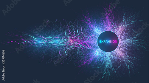 Expansion of life. Colorful explosion background with connected line and dots, wave flow. Visualization Quantum technology. Abstract graphic background explosion, motion burst, vector illustration