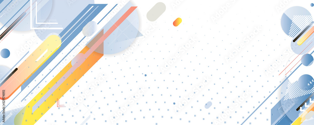 Fototapeta Pastel cyan and blue colors background with orange geometric elements, lines and dots for text, universal design, banner concept