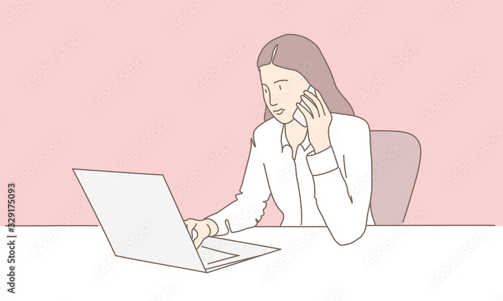 Business woman character using laptop and and talking on the phone. Hand drawn vector illustration. Business woman character using laptop and and talking on the phone. Hand drawn vector illustration.