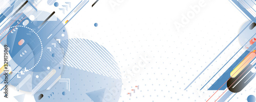 Pastel cyan and blue colors background with orange geometric elements, lines and dots for text, universal design, banner concept